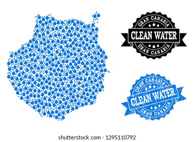 Map of Gran Canaria vector mosaic and clean water grunge stamp. Map of Gran Canaria created with blue liquid dews. Seal with corroded rubber texture for clean drinking water.