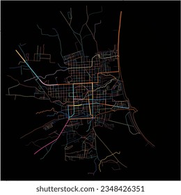 Map of Granada, Granada with all major and minor roads, railways and waterways. Colorful line art on black background.