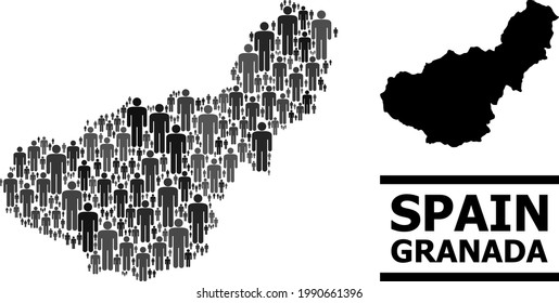 Map of Granada Province for demographics projects. Vector demographics collage. Concept map of Granada Province created of human pictograms. Demographic scheme in dark grey color shades.