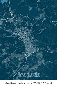 Mapa de Granada, Espanha, mostrando a intrincada rede de ruas da cidade e a paisagem circundante. O mapa apresenta uma densa rede de estradas e ruas.