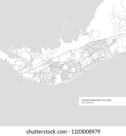 Map of Grand Bahama Island contains geography outlines for land mass, water, major roads and minor roads.