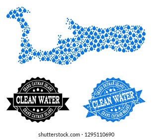 Map of Grand Cayman Island vector mosaic and clean water grunge stamp. Map of Grand Cayman Island formed with blue liquid tears. Seal with retro rubber texture for clean drinking water.