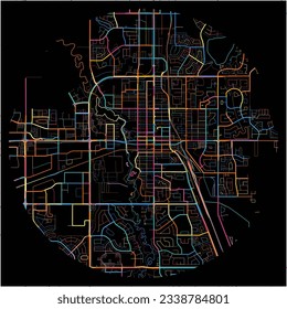 Map of GrandePrairie, Alberta with all major and minor roads, railways and waterways. Colorful line art on black background.