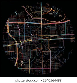 Map of GrandPrairie, Texas with all major and minor roads, railways and waterways. Colorful line art on black background.