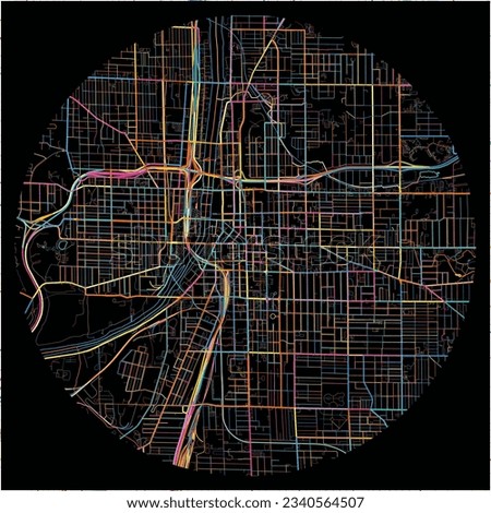 Map of GrandRapids, Michigan with all major and minor roads, railways and waterways. Colorful line art on black background.