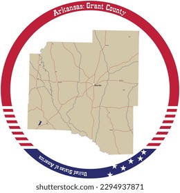 Karte von Grant County in Arkansas, USA in einem Kreis angeordnet.