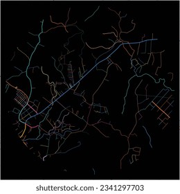 Mapa de Gravatai con todas las carreteras principales y menores, ferrocarriles y vías fluviales. Coloridas líneas de arte sobre fondo negro.