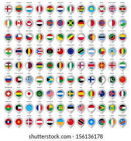 Map gray marker with flags. Country: European union, Argentina, Finland, Denmark, France, Austria, Switzerland, Greece, India, China, United Kingdom, Sweden, Usa, Italy, Ireland and many other. 108pcs