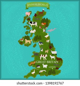 Map of Great Britain with animals on blue background