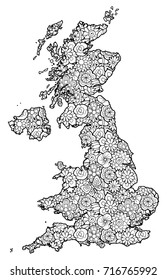 Map of Great Britain with flowers. Black and white vector illustration, coloring page for adults