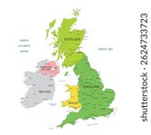 Map of Great Britain High Detailed with Cities Name, vector illustration isolated on white background, eps