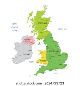 Map of Great Britain High Detailed with Cities Name, vector illustration isolated on white background, eps
