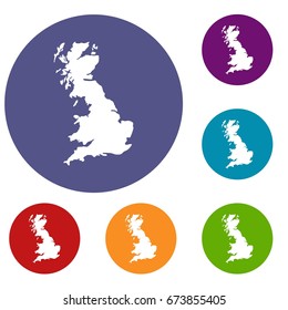 Map of Great Britain icons set in flat circle reb, blue and green color for web