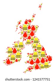 Map of Great Britain and Ireland collage composed for Gilet Jaunes Protest illustrations. Vector abstract collage of map of Great Britain and Ireland with yellow vest against fuel price rising.