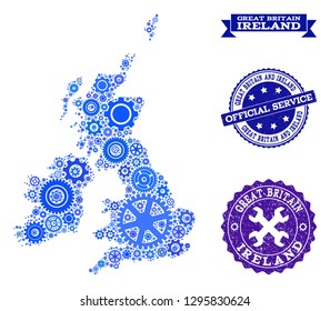 Map of Great Britain and Ireland composed with blue gear symbols, and isolated scratched watermarks for official repair services.
