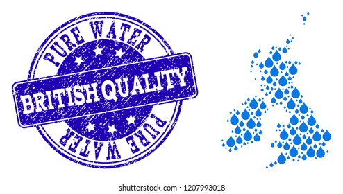 Map of Great Britain and Ireland vector mosaic and Pure Water grunge stamp. Map of Great Britain and Ireland formed with blue water drops. Seal with retro rubber texture for pure drinking water.