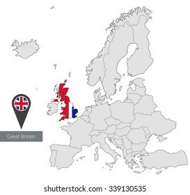 Map of Great Britain with an official flag. Location in Europe