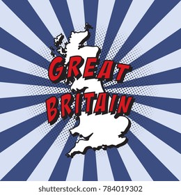 map of great britain in pop art style with halftone dotted shadow, radial lines and name of country