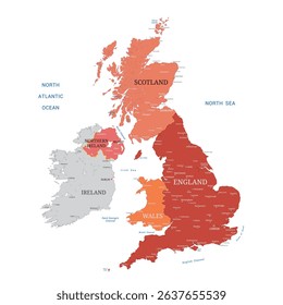 Map of Great Britain in Red Color High Detailed with Cities Name, vector illustration isolated on white background, eps