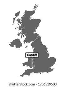 Map of Great Britain with road sign of Cardiff
