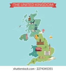 Map of Great Britain, United Kingdom with famous landmarks. 