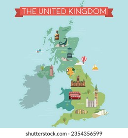 Map of Great Britain, United Kingdom with famous landmarks.