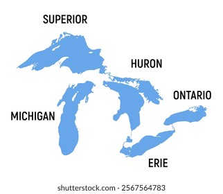 Map of the Great Lakes in North America with Labels for Superior, Michigan, Huron, Erie, Ontario