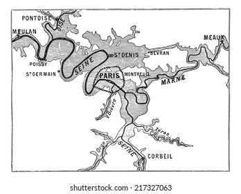 Map of great rivers in Paris, vintage engraved illustration. Dictionary of words and things - Larive and Fleury - 1895.