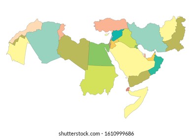 Map of Greater Middle East with borders of countries