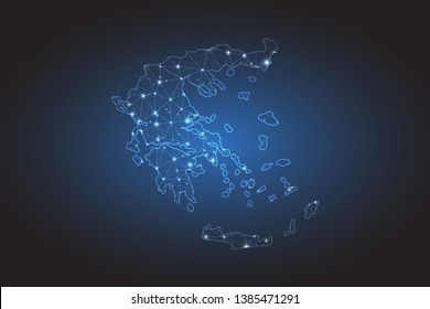 Map of Greece - Abstract mash line and point scales on circuit dark background. Wire frame 3D mesh polygonal network line, design sphere, dot and structure. Vector illustration eps 10.