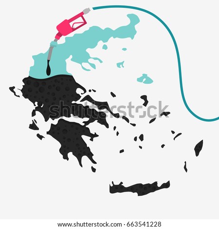 Map of Greece being fueled by oil. Gas pump fueled map. On the map there is glass reflection. Conceptual. Oil producing or importing countries.