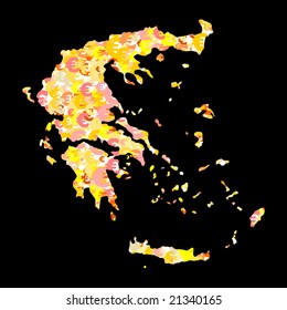 Mapa de Grecia con un collage de coloridos símbolos del euro