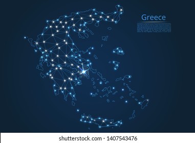 Map of Greece connection. Vector low-poly image of a global map with lights in the form of cities or population density, consisting of points and shapes in the form of stars and space.