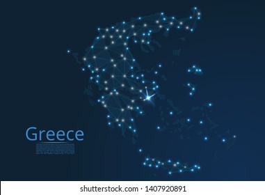 Map of Greece connection. Vector low-poly image of a global map with lights in the form of cities or population density, consisting of points and shapes in the form of stars and space.