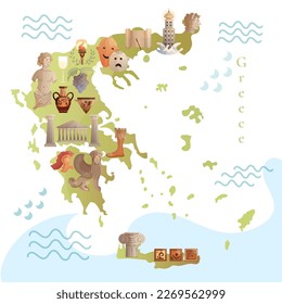 Map of Greece with culture and traditions of Greece.  Architecture, neo-classical building, touristic point, vector hand drawn illustration