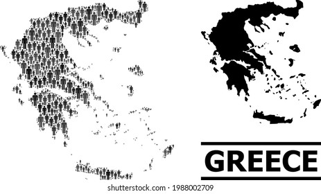 Map of Greece for demographics doctrines. Vector demographics mosaic. Composition map of Greece composed of crowd items. Demographic scheme in dark gray color hues.