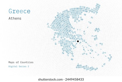 Mapa de Grecia representado en ceros y unos en forma de círculo. La capital, Atenas, se muestra en el centro del círculo	