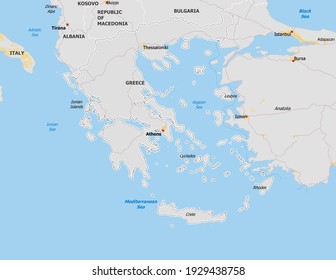 Map of Greece. Map is drawn in high detail and for clarity shows only major cities. Country is drawn with neighboring countries.