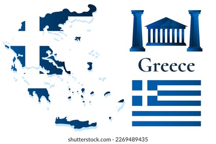 Map of Greece with flag, Flag of Greece,  architecture, neo-classical building, culture Greece, touristic point, vector hand drawn illustration