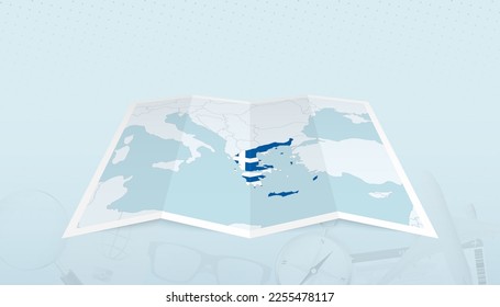 Mapa de Grecia con la bandera de Grecia en el contorno del mapa en un contexto abstracto de viaje. Ilustración de viaje.