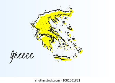 Map of Greece, halftone abstract background. The black dots on a yellow background. drawn border line. vector illustration