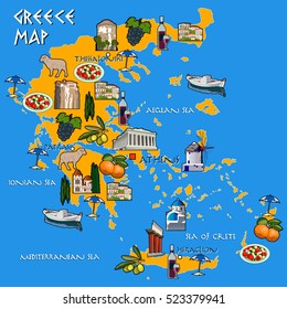 Map Of Greece Handmade Drawing Vector Illustration. Icons With Greek Parthenon, Thessaloniki, Meteora, Mystras, Myconos, Crete, Santorini Islands.