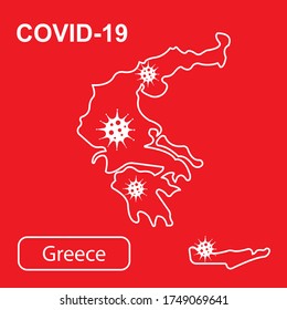 Karte Griechenlands mit der Bezeichnung "Epidemic and Quarantine COVID-19". Weiße Umrisskarte Griechenlands auf rotem Hintergrund. Vektorgrafik eines Virus, Coronavirus, Epidemiologie.