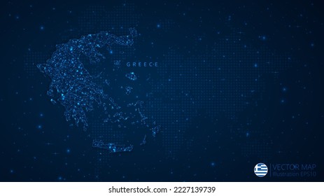 Map of Greece modern design with polygonal shapes on dark blue background. Business wireframe mesh spheres from flying debris. Blue structure style vector illustration concept.