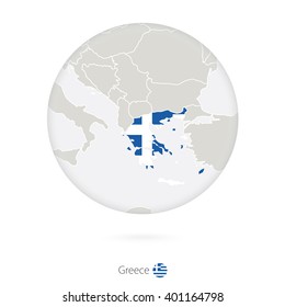 Map of Greece and national flag in a circle. Greece map contour with flag. Vector Illustration.
