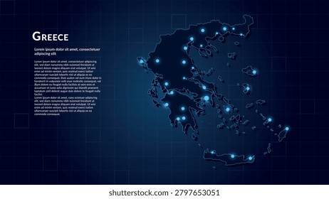 Map of Greece. Neon lights on dark background highlighting the major cities. Illustration of the digital map in blue. Technological connectivity of the geographic area