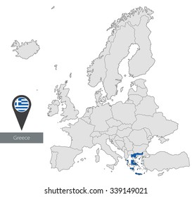 Map of Greece with an official flag. Location in Europe