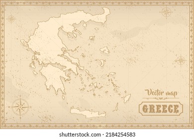 Mapa de Grecia en el viejo estilo, gráficos marrones en estilo retro de fantasía