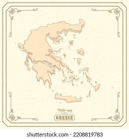 Mapa de Grecia en el viejo estilo, gráficos marrones en estilo retro de fantasía	