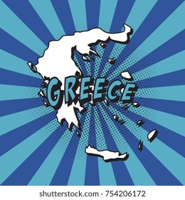 map of greece in pop art style with radial lines and halftone dots